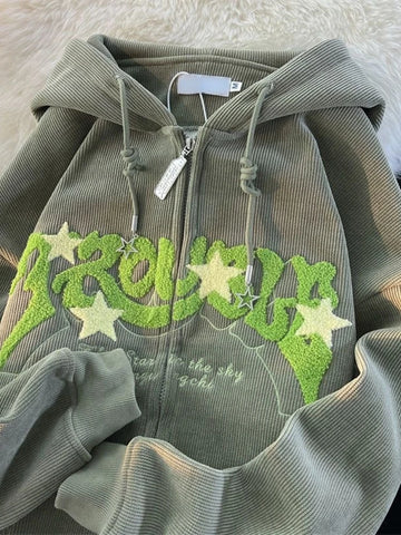 Getadme Women Letter Embroidery Hoodies Autumn Winter Vintage Zipper Long Sleeve Oversized Jacket Coat Harajuku Casual Hooded Sweatshirt